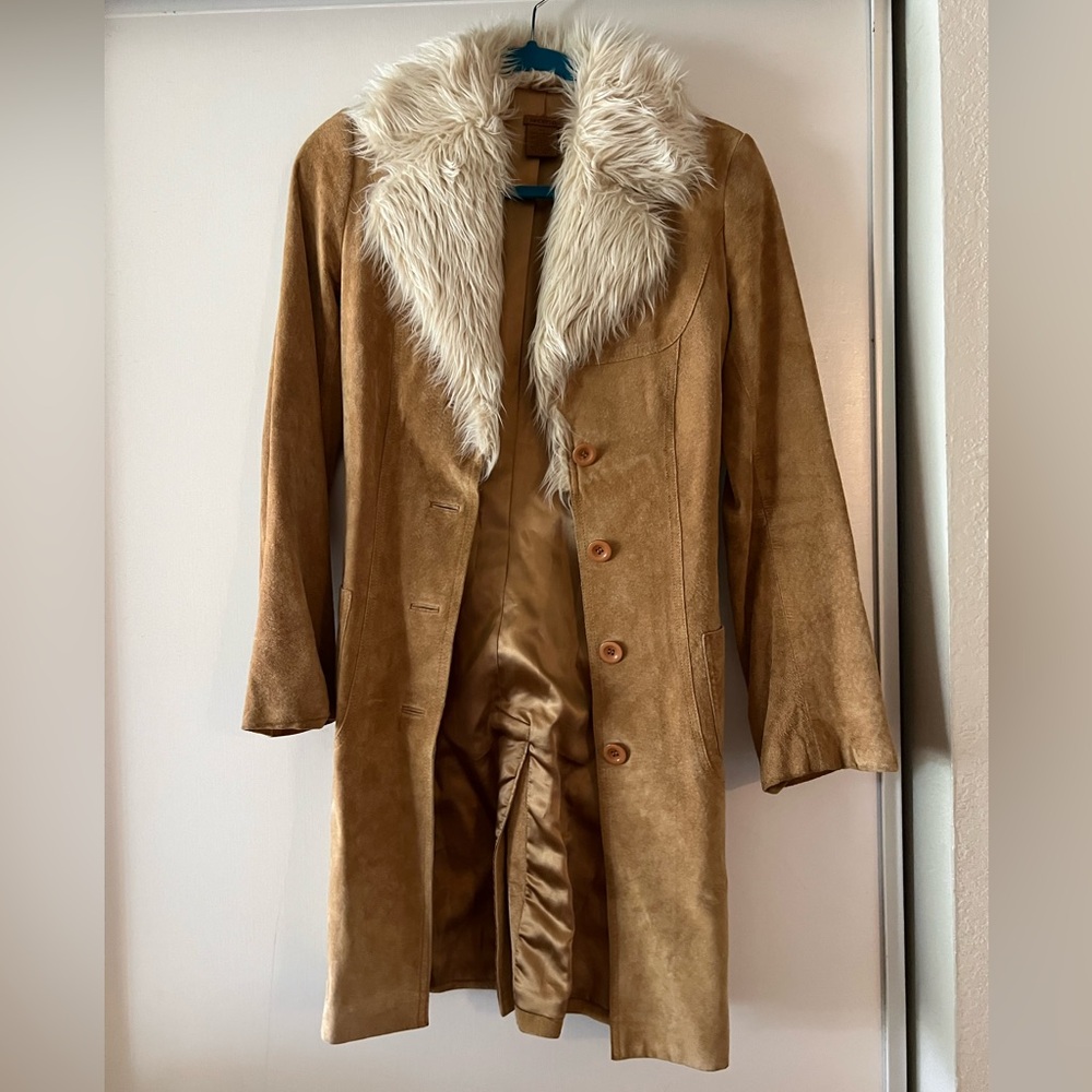 Suede Faux-Fur Collar Long Coat in Tan